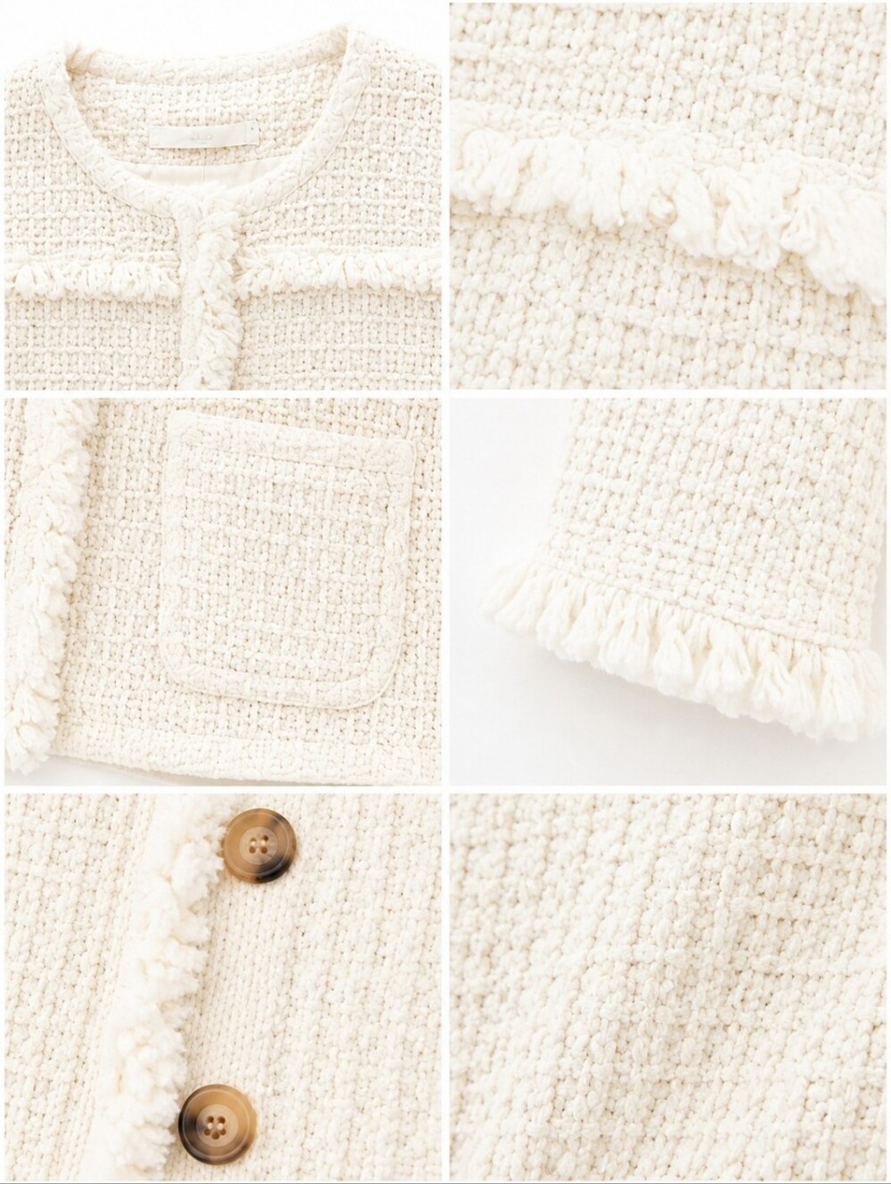 Anne Klein Ivory Textured Knit Fringe Cropped Jacket | Size LP | Quiet Luxury - Picture 4 of 10